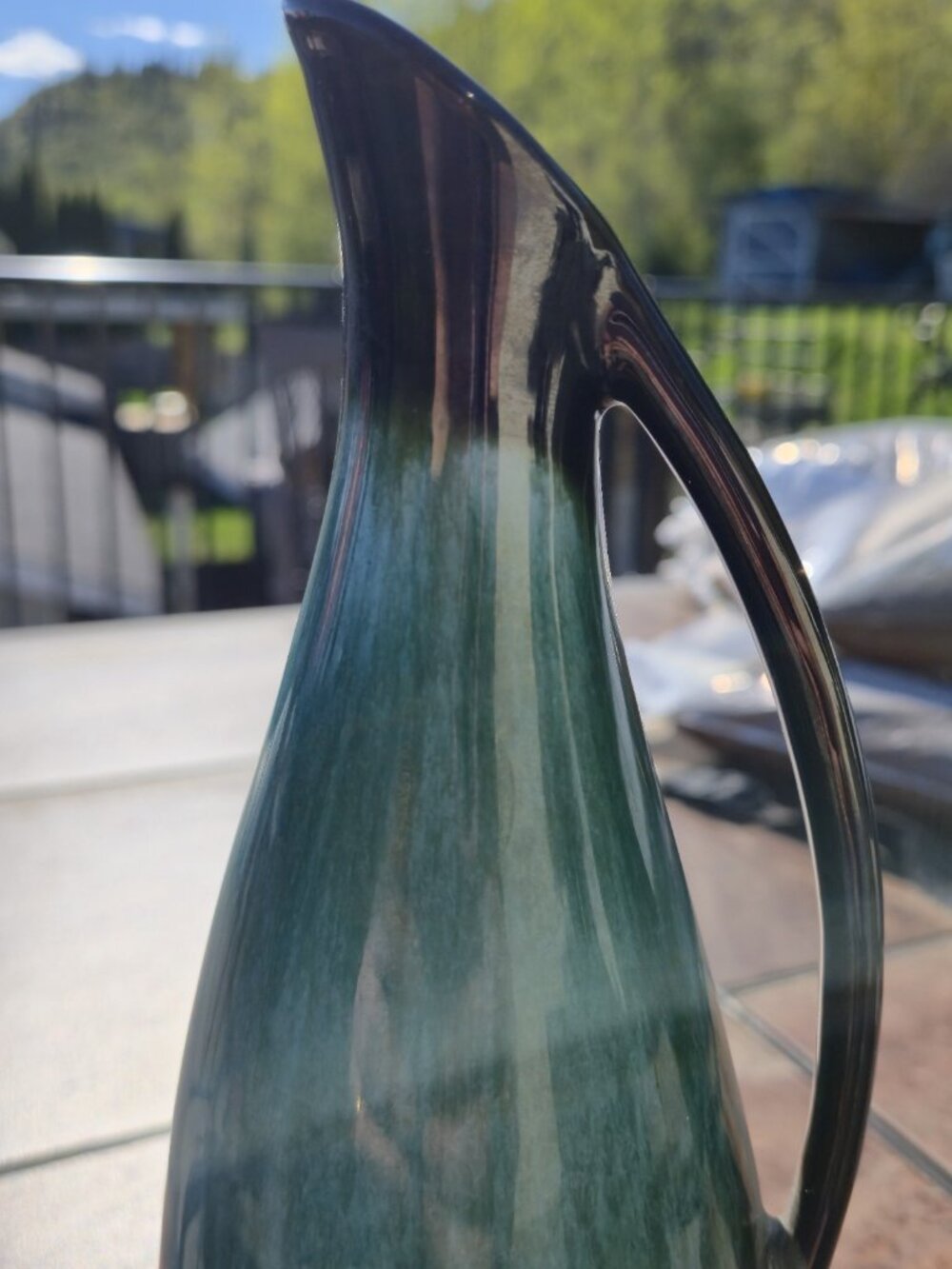 Blue Mountain Pottery Pitcher Green Black Drip Glaze MCM Canada Ewer 12" Vase - Picture 9 of 9